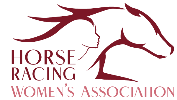 HRWA Logo horse head stylized silhouette with woman's stylized head profile inside and words Horse Racing Women's Association
